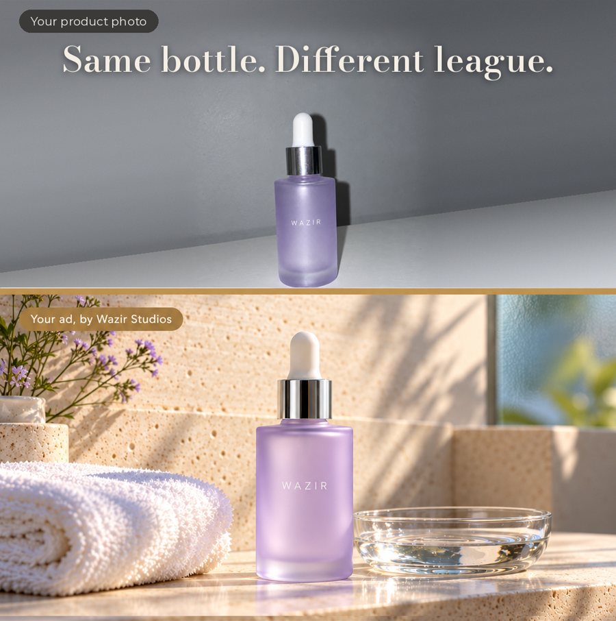Before and after: a plain product photo, and the static ad we made from it